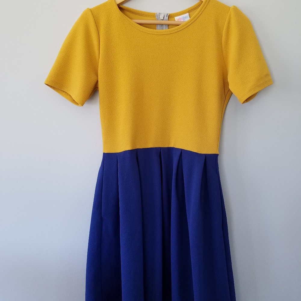 LuLaRoe mustard and blue dress Size Medium